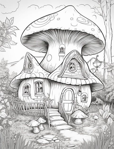 A black and white drawing of a mushroom house in the woods generative ai