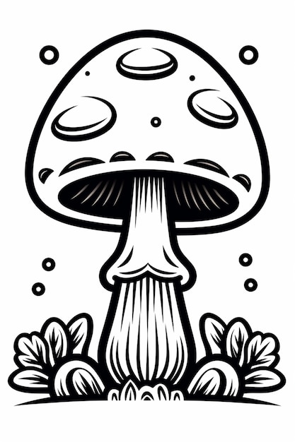 a black and white drawing of a mushroom with bubbles generative ai