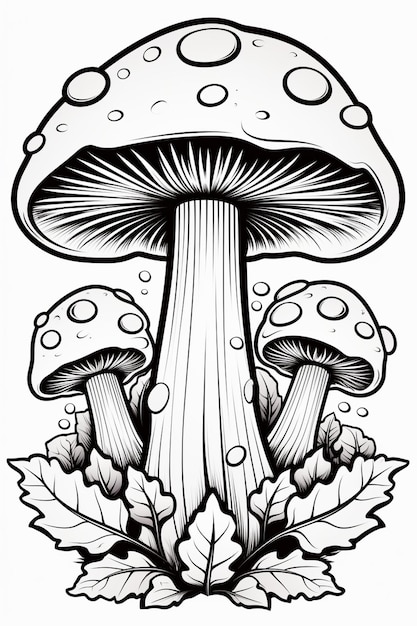 a black and white drawing of a mushroom with leaves generative ai