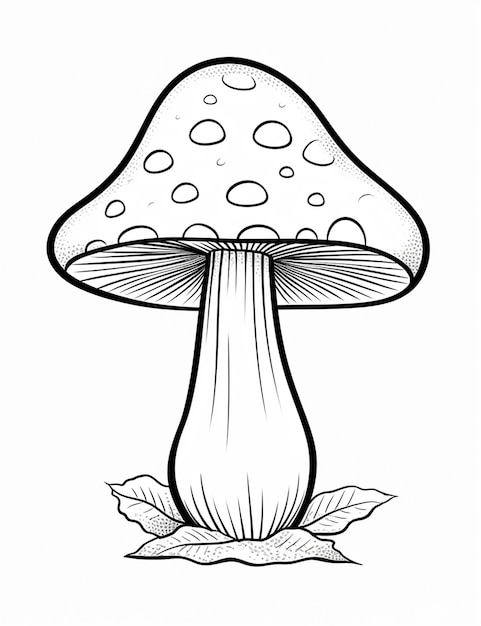 a black and white drawing of a mushroom with leaves generative ai