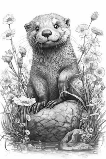 A black and white drawing of an otter sitting on a rock surrounded by flowers.