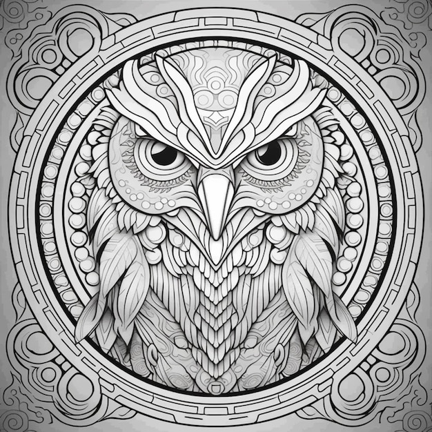 Photo a black and white drawing of an owl with a circular frame generative ai