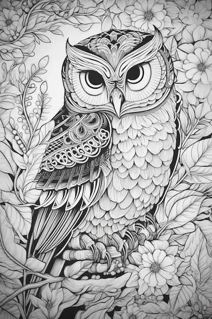 Black and white drawing of an owl with a flower background.