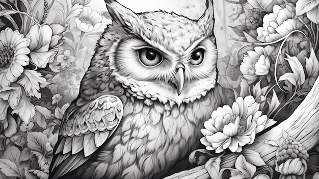 A black and white drawing of an owl with flowers on the background.