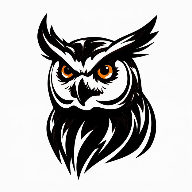 a black and white drawing of an owl with orange eyes