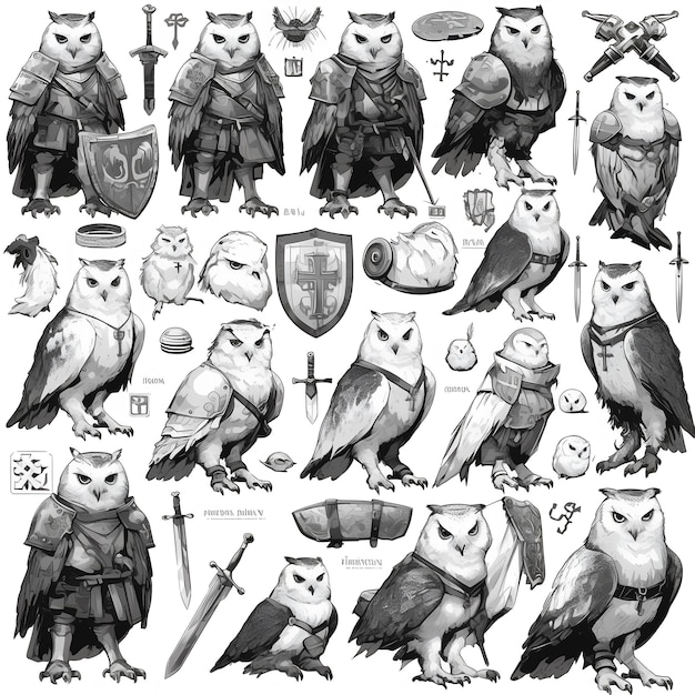 Photo a black and white drawing of an owl with a sword and shield