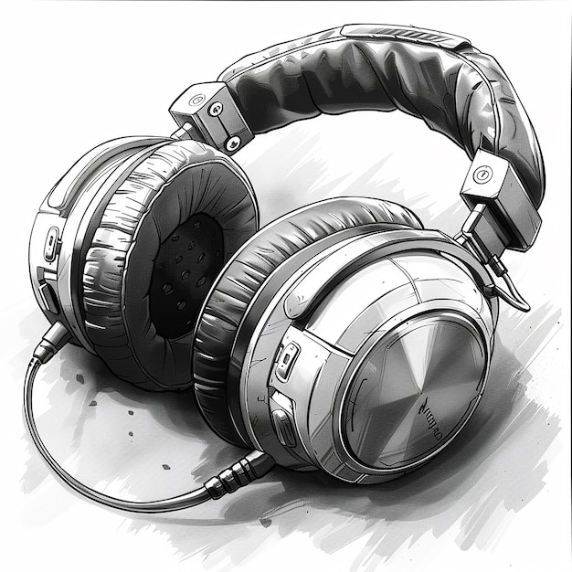 a black and white drawing of a pair of headphones with a picture of a pair of headphones