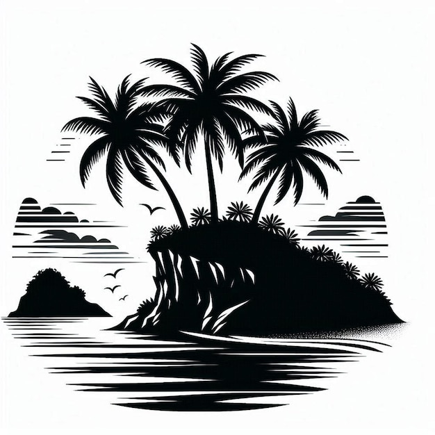 a black and white drawing of palm trees on a beach