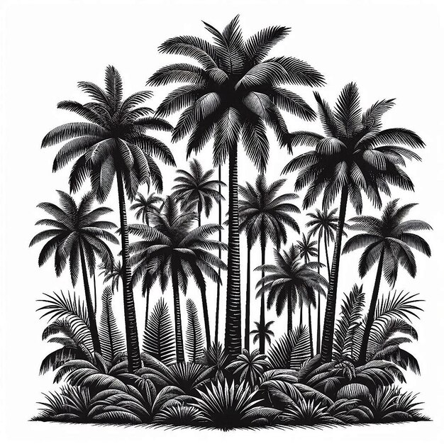 A black and white drawing of palm trees silhouette with white background