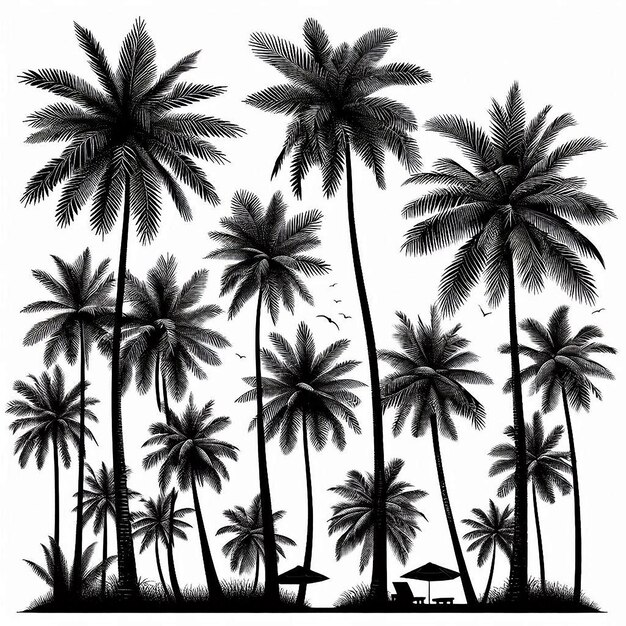 A black and white drawing of palm trees silhouette with white background