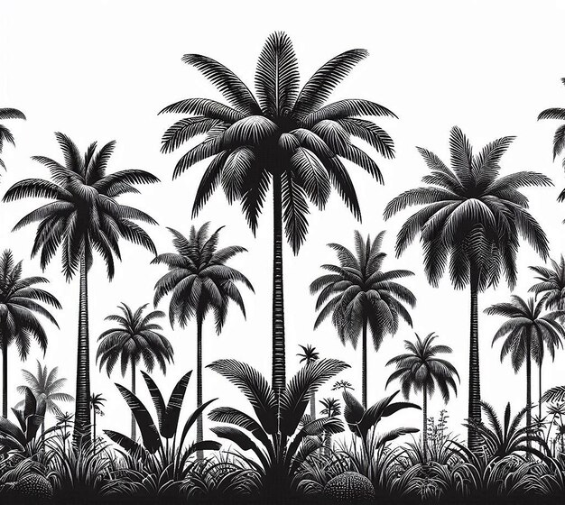 A black and white drawing of palm trees silhouette with white background