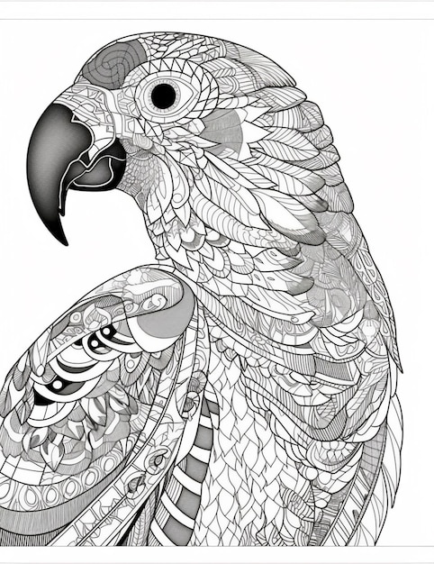 A black and white drawing of a parrot with the word parrot on it.