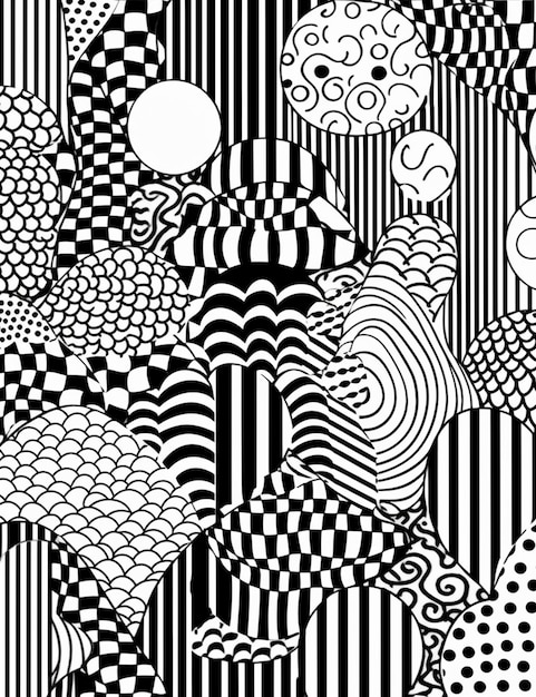 a black and white drawing of a pattern with different shapes generative ai