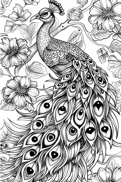 a black and white drawing of a peacock surrounded by flowers generative ai