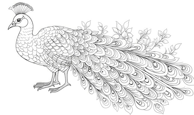 A black and white drawing of a peacock