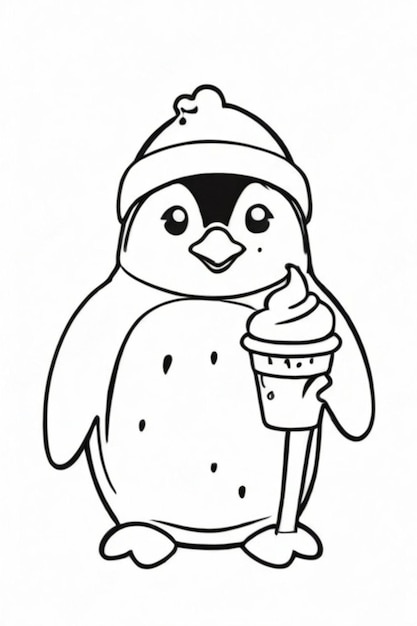 a black and white drawing of a penguin holding an ice cream cone