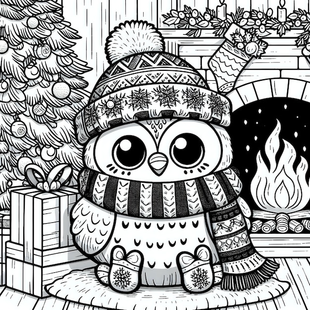 Photo a black and white drawing of a penguin wearing a knitted hat