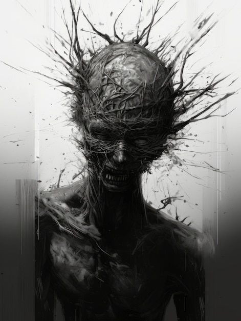 a black and white drawing of a person concept art conceptual art inside head cobwebs