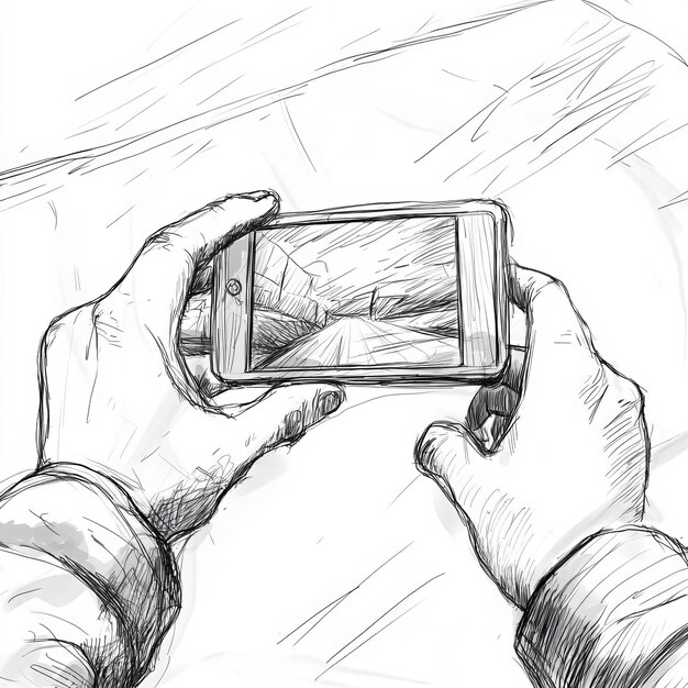 Photo a black and white drawing of a person holding a phone with a broken screen