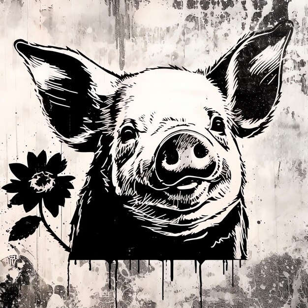 Photo a black and white drawing of a pig with a flower on it