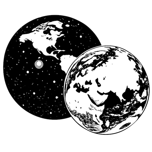 a black and white drawing of a planet with the moon and the moon