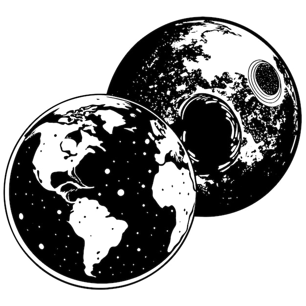 a black and white drawing of a planet with the moon and the moon