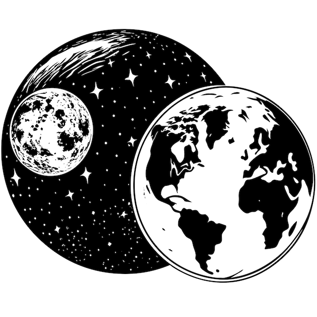 a black and white drawing of a planet with the moon and the moon