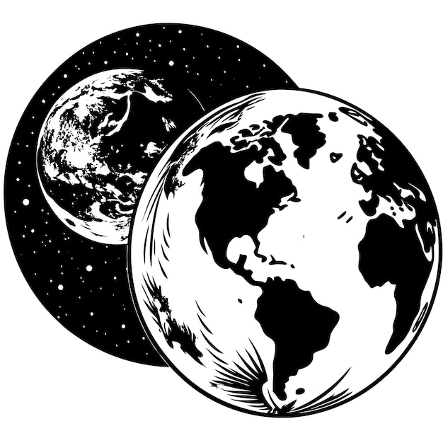 a black and white drawing of a planet with the moon and the moon