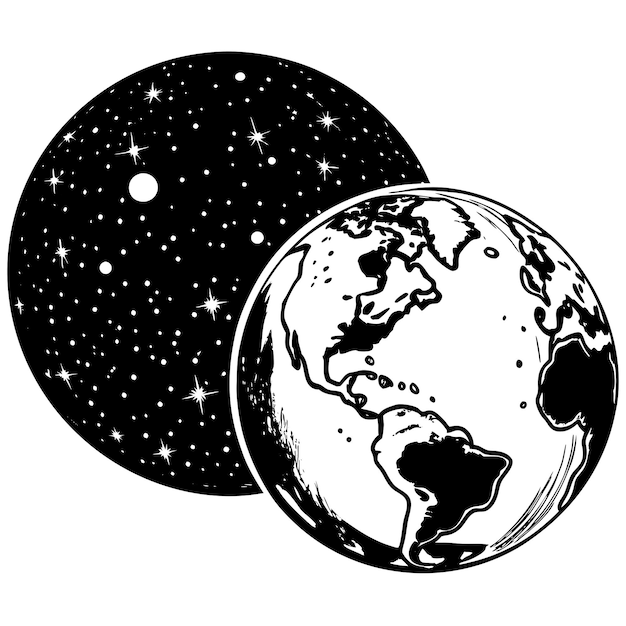 a black and white drawing of a planet with the moon and the moon