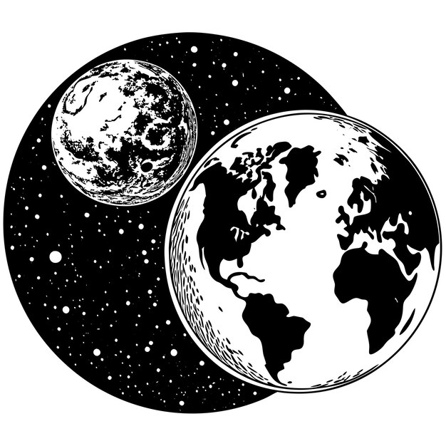 a black and white drawing of a planet with the moon and the moon