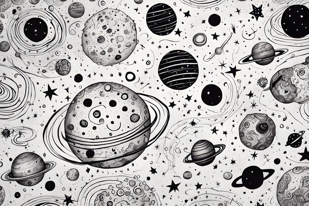 Photo a black and white drawing of planets and stars