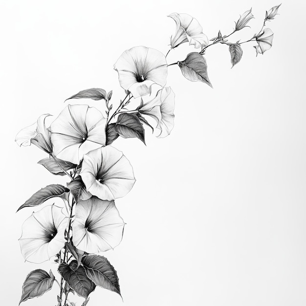 a black and white drawing of a plant with flowers