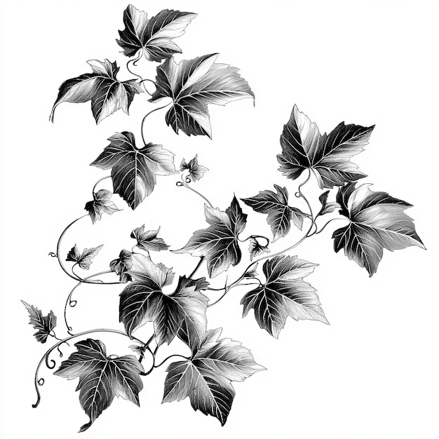 Photo a black and white drawing of a plant with leaves and flowers