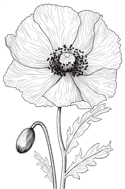 A black and white drawing of a poppy.