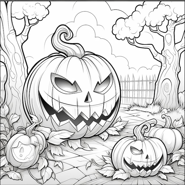 a black and white drawing of a pumpkin with a scary face on it