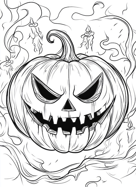 Photo a black and white drawing of a pumpkin with a scary face on it