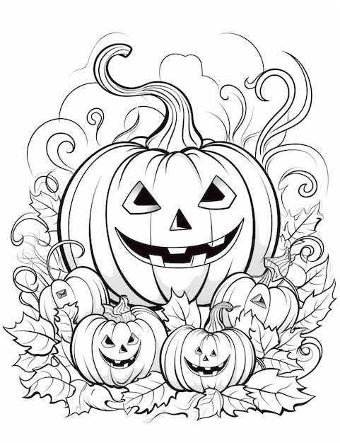 A black and white drawing of a pumpkin with two jack o lantern faces generative ai