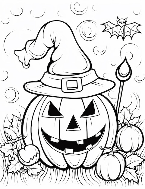 A black and white drawing of a pumpkin with a witch hat generative ai