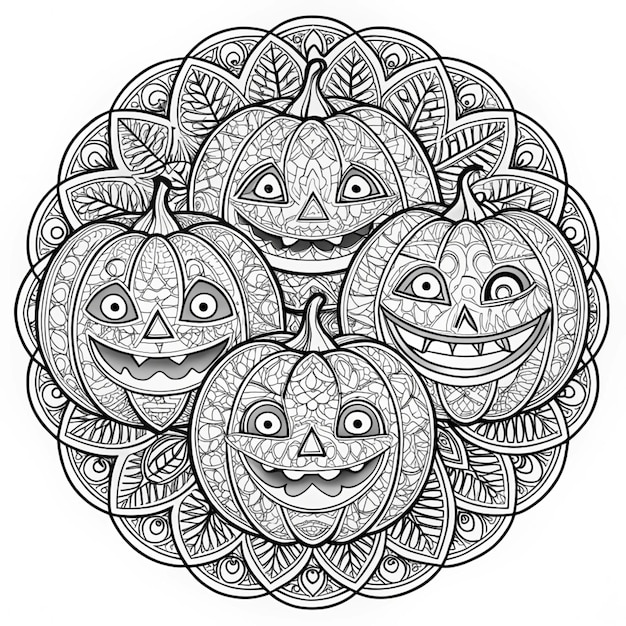 Photo a black and white drawing of pumpkins with carved faces and faces