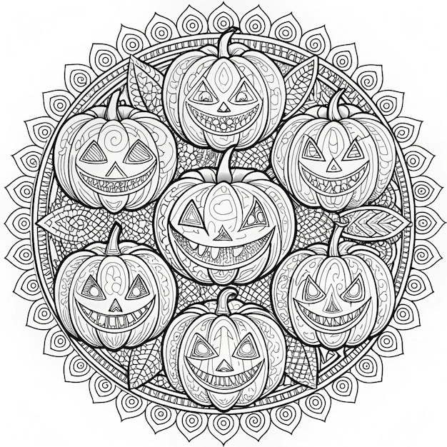 Photo a black and white drawing of pumpkins with faces carved into them