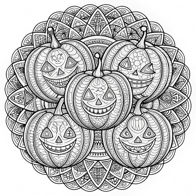 a black and white drawing of pumpkins with faces and faces