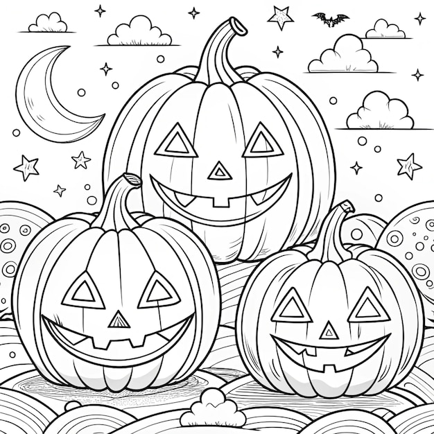 a black and white drawing of pumpkins with a moon in the background