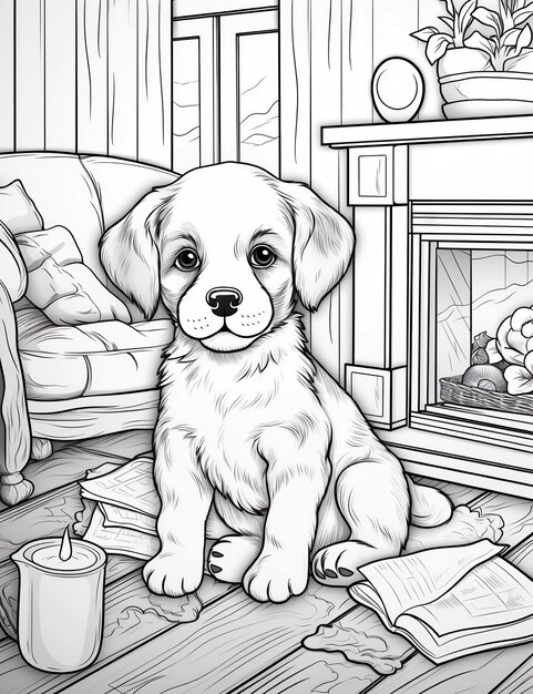 Photo a black and white drawing of a puppy with a book on the floor