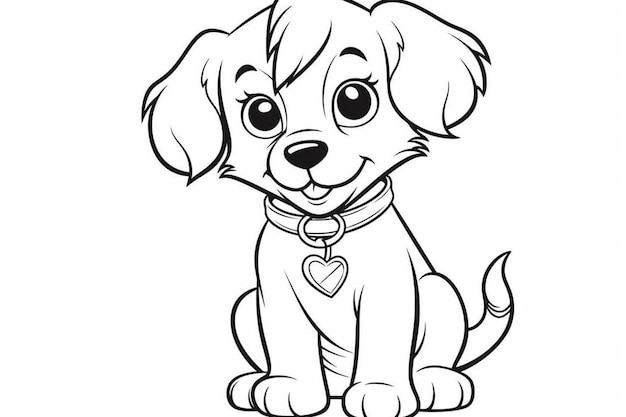 A black and white drawing of a puppy with a heart on its collar generative ai