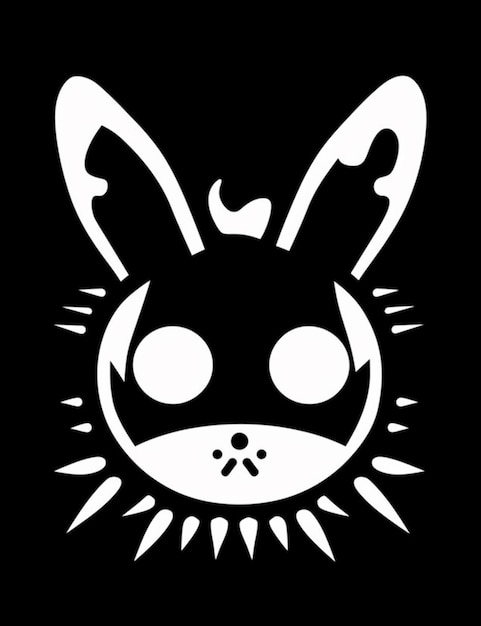 A black and white drawing of a rabbit face with a black and white face.