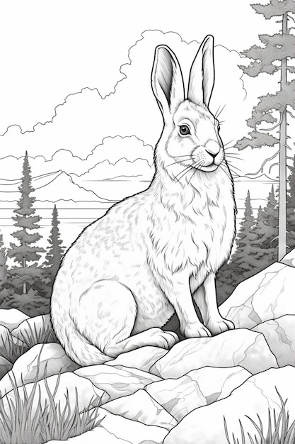 a black and white drawing of a rabbit sitting on a rock generative ai