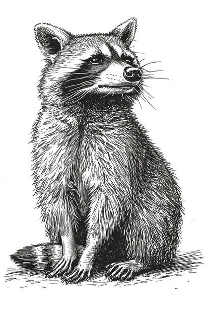 Photo a black and white drawing of a raccoon sitting on the ground