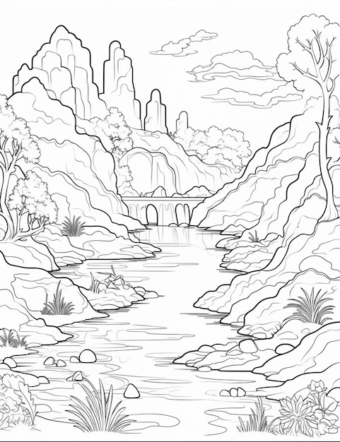 A black and white drawing of a river in a desert generative ai