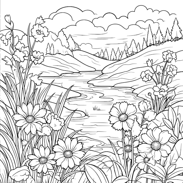 a black and white drawing of a river with flowers and trees