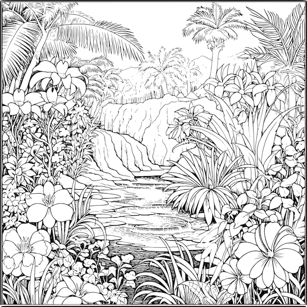 Photo a black and white drawing of a river with palm trees and plants